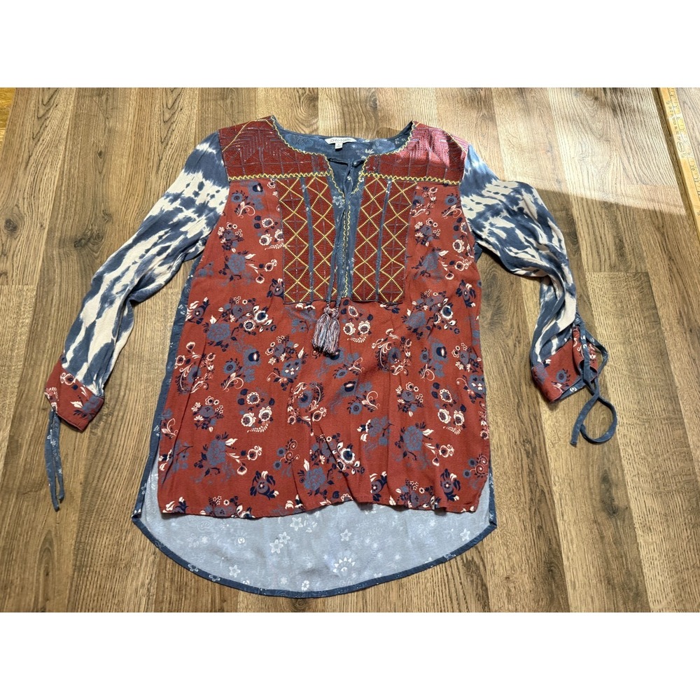 John + Mark Blouse Women's Size Small Blue Red Yellow Floral Long Sleeve V-neck